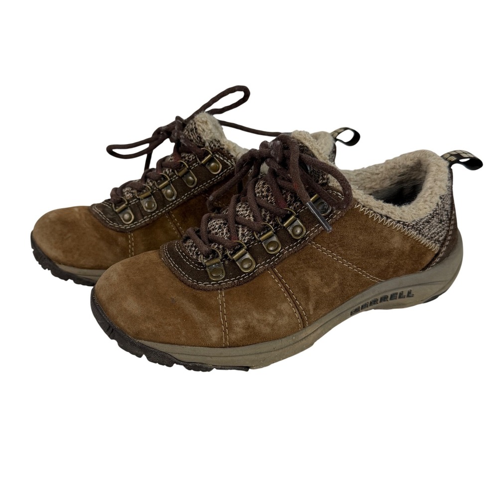 Merrell Hiking Shoes Womens 5 Faux Fur Lined Suede Dark Earth Brown Outdoors